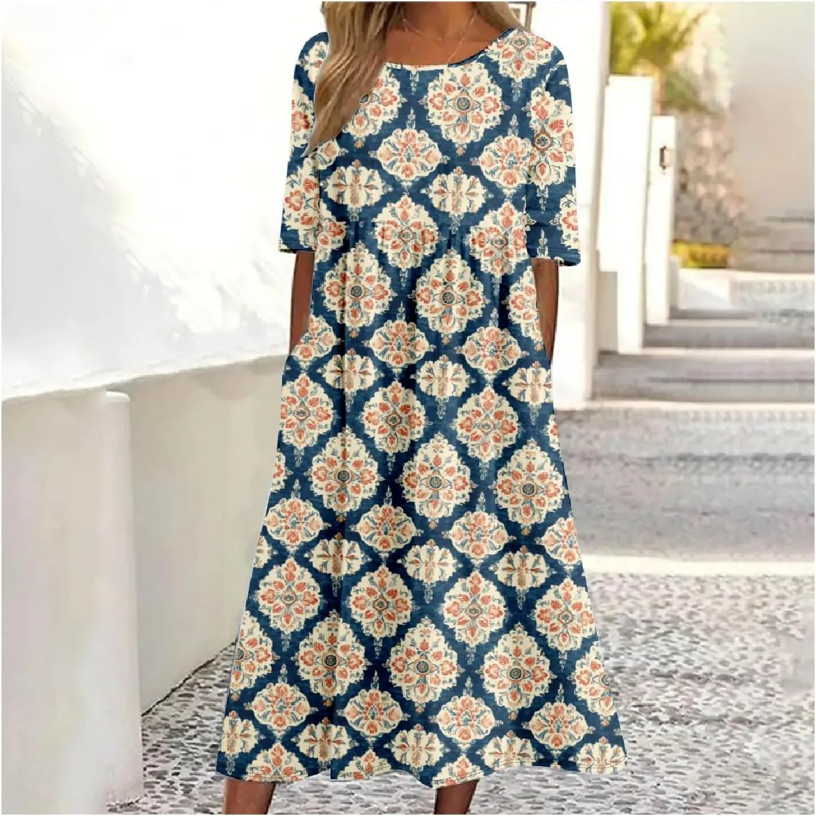 ZOCAVIA Women's Boho Floral Maxi Dress Crew Neck Short Sleeve A Line Dress Plus Size Flowy Summer Long Dress with Pockets