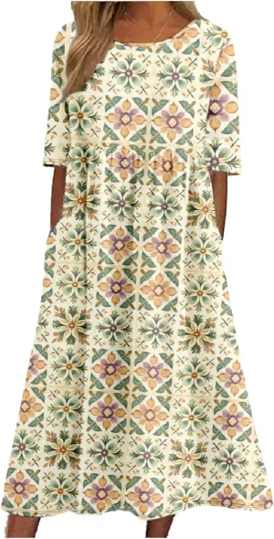 ZOCAVIA Women's Boho Floral Maxi Dress Crew Neck Short Sleeve A Line Dress Plus Size Flowy Summer Long Dress with Pockets