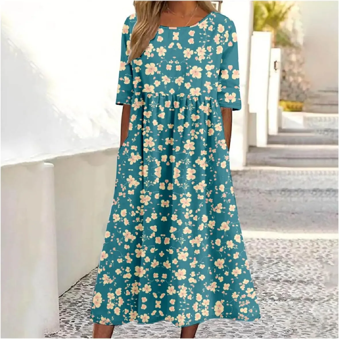 ZOCAVIA Women's Boho Floral Maxi Dress Crew Neck Short Sleeve A Line Dress Plus Size Flowy Summer Long Dress with Pockets