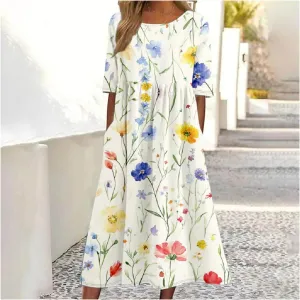 ZOCAVIA Women's Boho Floral Maxi Dress Crew Neck Short Sleeve A Line Dress Plus Size Flowy Summer Long Dress with Pockets