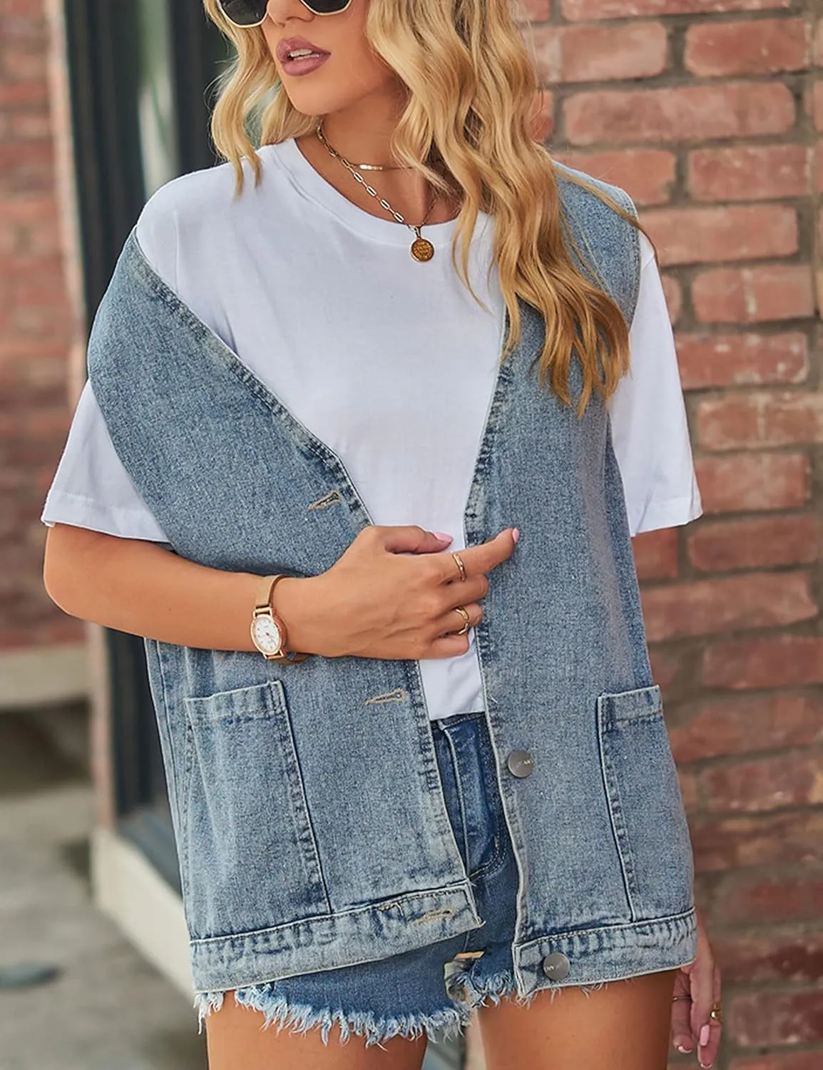 Zontroldy Denim Jean Vest for Women Oversized Sleeveless Button Down Denim Jean Vest Waistcoat Shacket Jacket