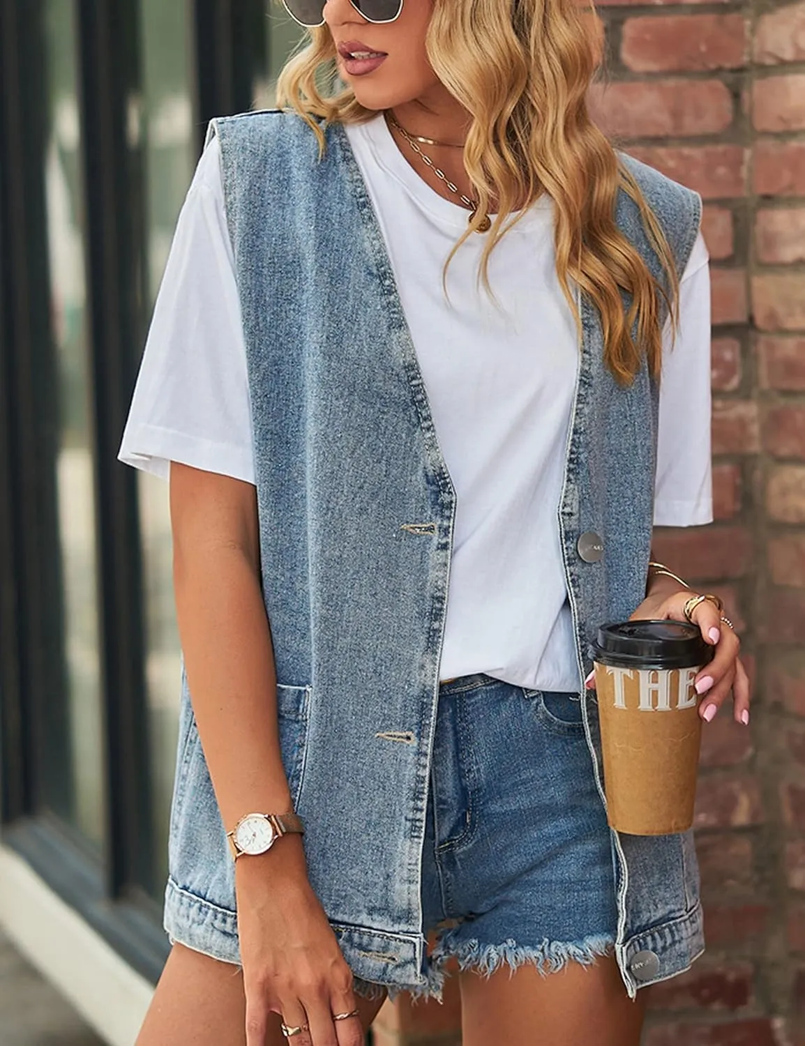 Zontroldy Denim Jean Vest for Women Oversized Sleeveless Button Down Denim Jean Vest Waistcoat Shacket Jacket