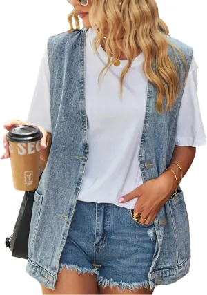 Zontroldy Denim Jean Vest for Women Oversized Sleeveless Button Down Denim Jean Vest Waistcoat Shacket Jacket