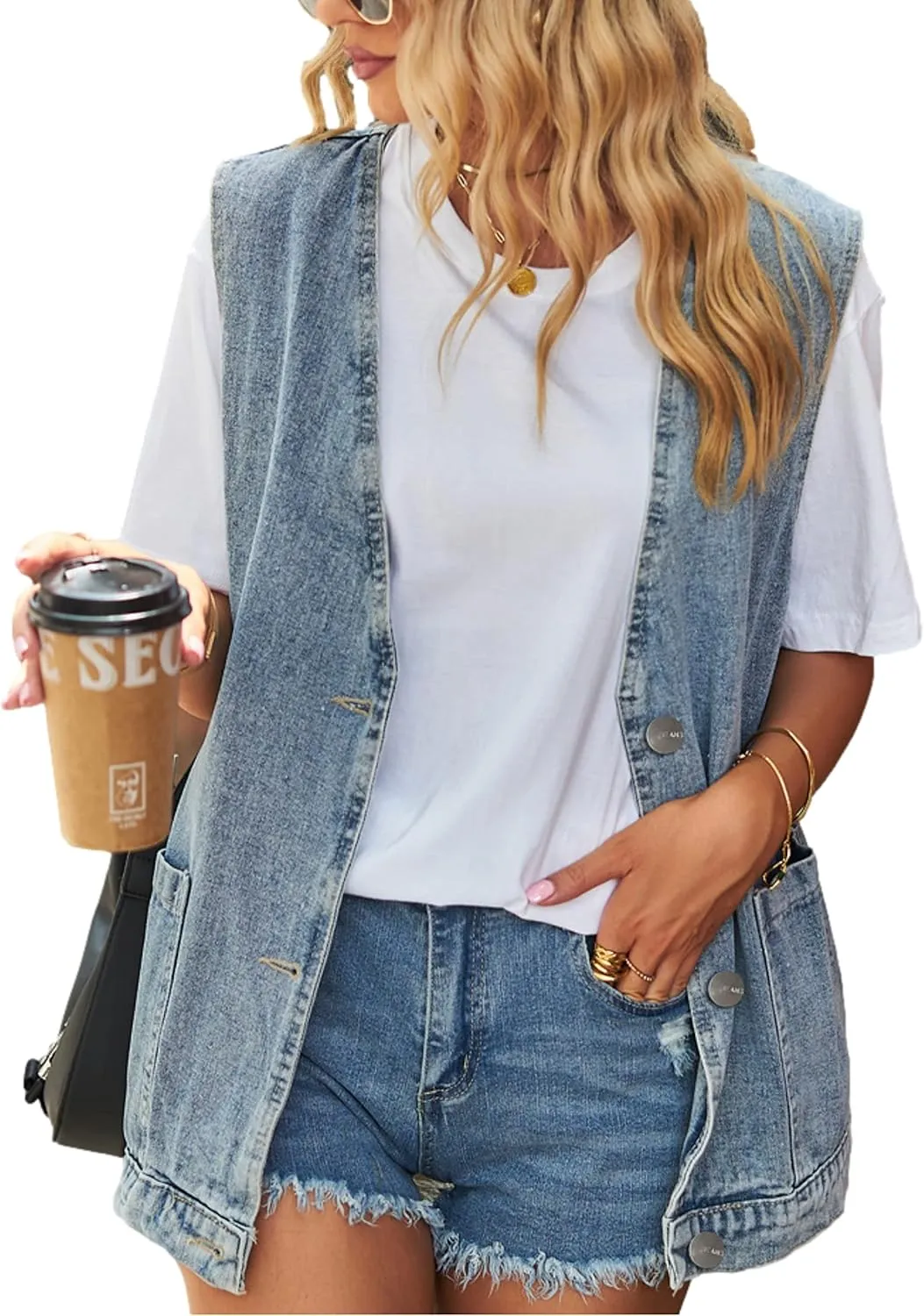 Zontroldy Denim Jean Vest for Women Oversized Sleeveless Button Down Denim Jean Vest Waistcoat Shacket Jacket