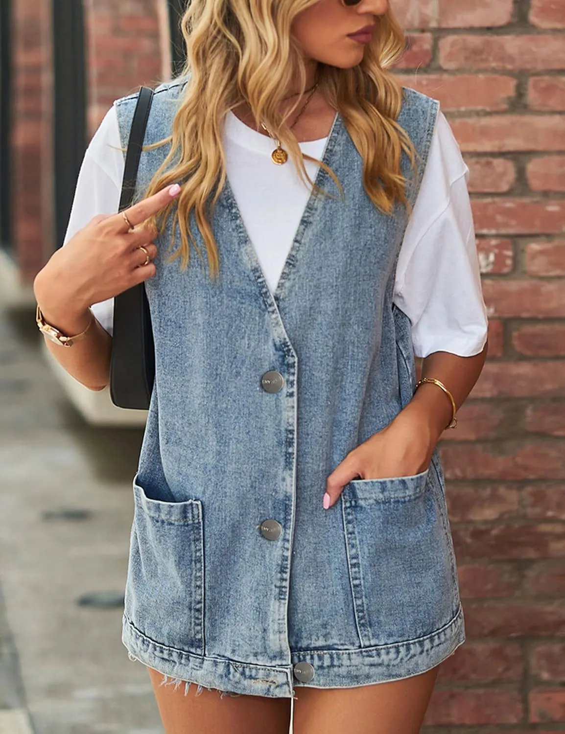 Zontroldy Denim Jean Vest for Women Oversized Sleeveless Button Down Denim Jean Vest Waistcoat Shacket Jacket
